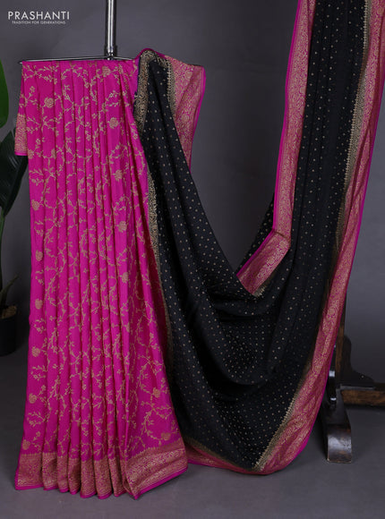 Banarasi crepe partly saree black and pink with allover thread & zari woven buttas and woven border