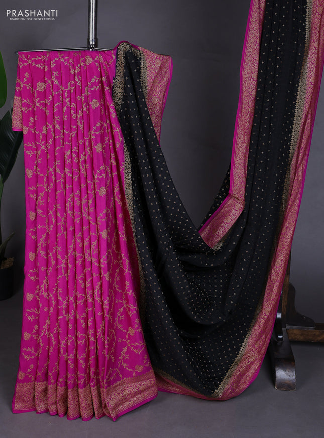Banarasi crepe partly saree black and pink with allover thread & zari woven buttas and woven border
