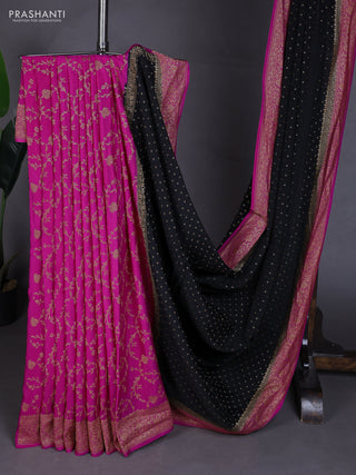 Banarasi crepe partly saree black and pink with allover thread & zari woven buttas and woven border