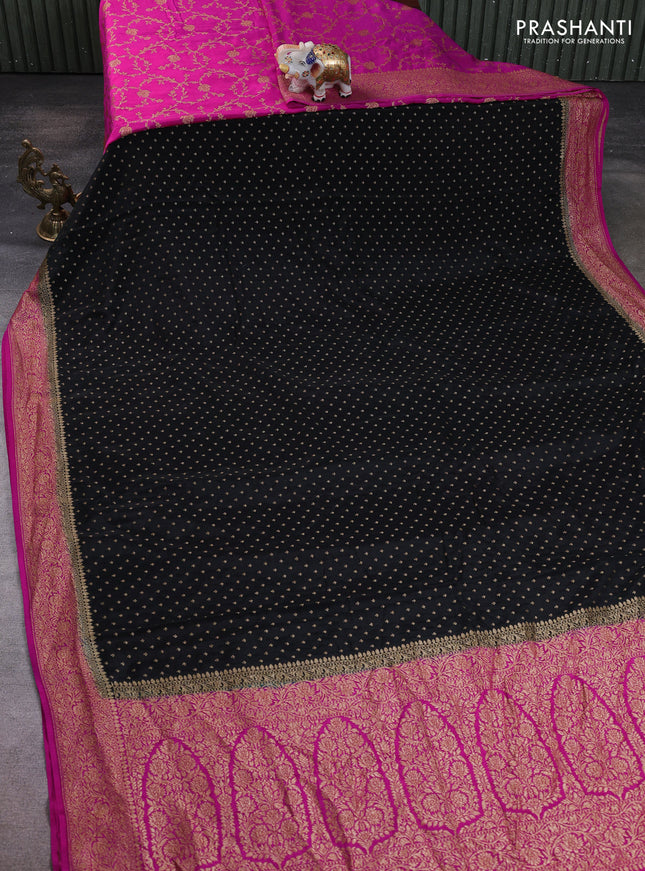 Banarasi crepe partly saree black and pink with allover thread & zari woven buttas and woven border