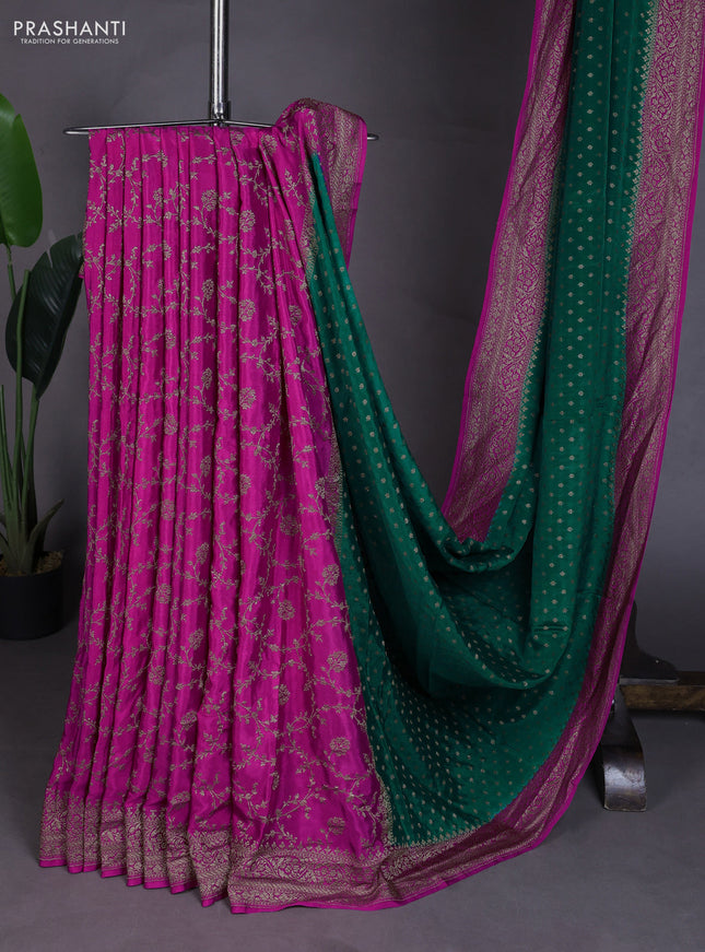 Banarasi crepe partly saree green and pink with allover thread & zari woven buttas and woven border