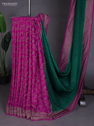 Banarasi crepe partly saree green and pink with allover thread & zari woven buttas and woven border