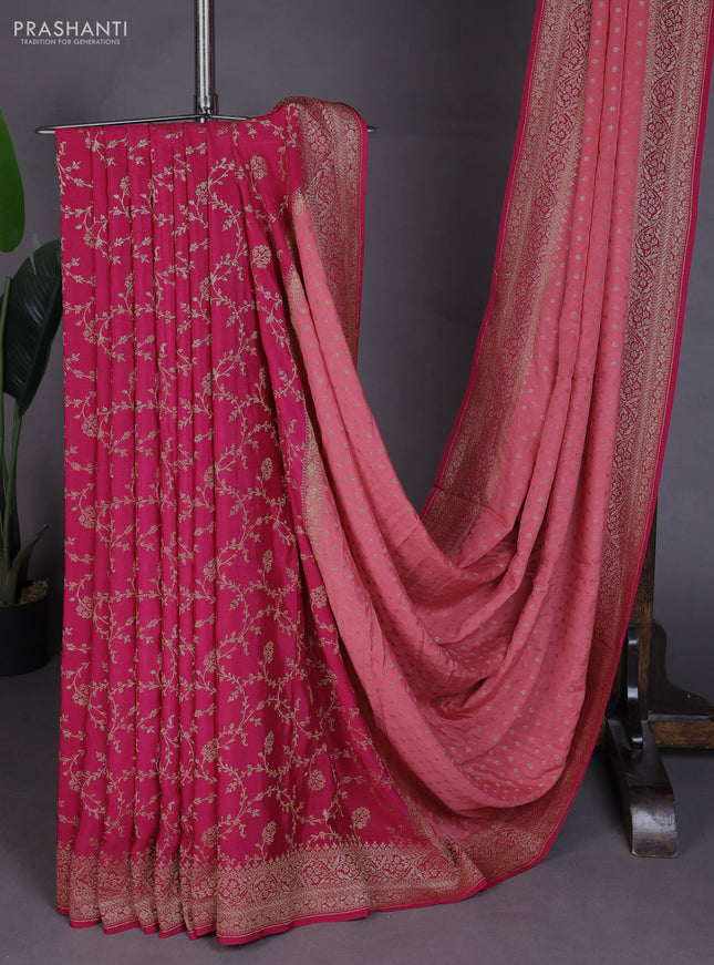 Banarasi crepe partly saree peach and pink with allover thread & zari woven buttas and woven border