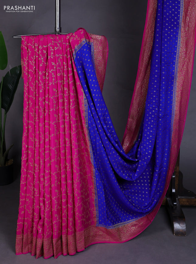 Banarasi crepe partly saree royal blue and pink with allover thread & zari woven buttas and woven border
