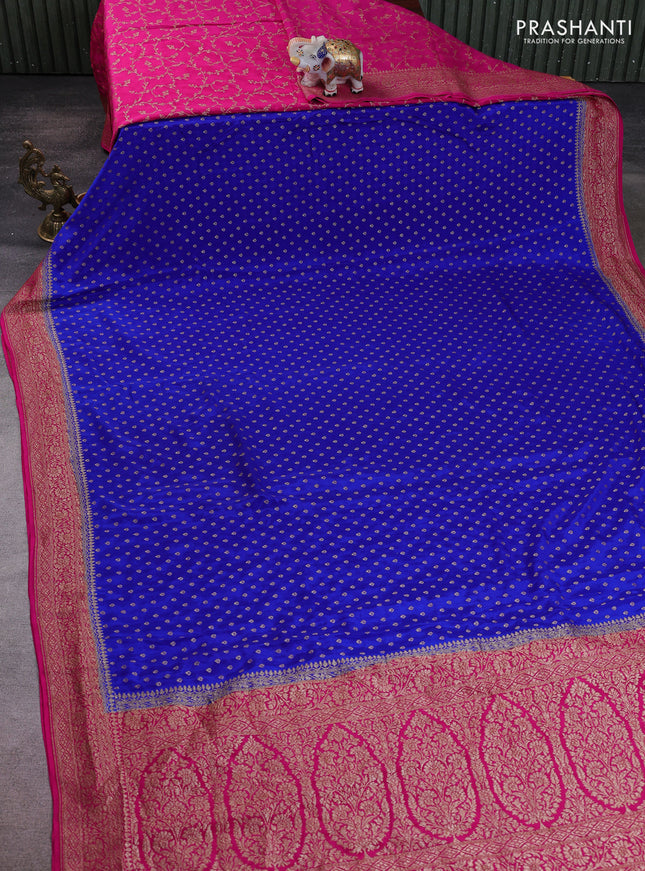 Banarasi crepe partly saree royal blue and pink with allover thread & zari woven buttas and woven border