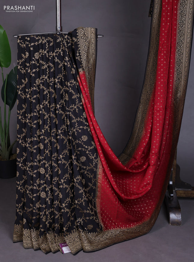 Banarasi crepe partly saree red and black with allover thread & zari woven buttas and woven border