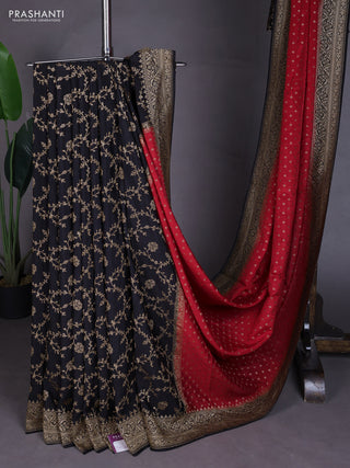 Banarasi crepe partly saree red and black with allover thread & zari woven buttas and woven border