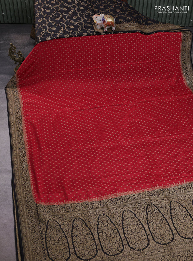 Banarasi crepe partly saree red and black with allover thread & zari woven buttas and woven border
