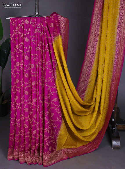 Banarasi crepe partly saree yellow and pink with allover thread & zari woven buttas and woven border