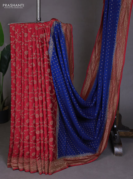 Banarasi crepe partly saree blue and red with allover thread & zari woven buttas and woven border