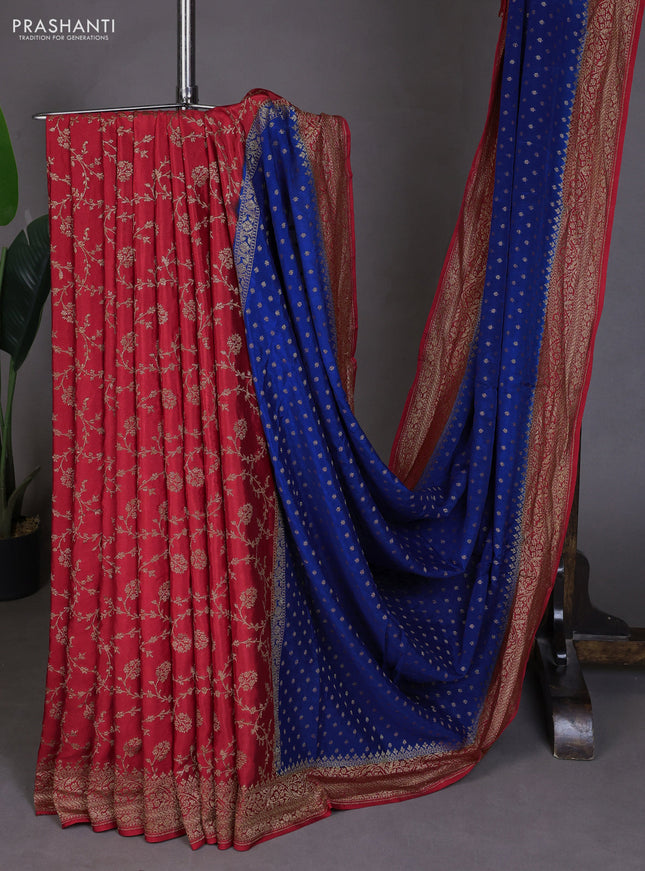 Banarasi crepe partly saree blue and red with allover thread & zari woven buttas and woven border