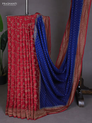 Banarasi crepe partly saree blue and red with allover thread & zari woven buttas and woven border