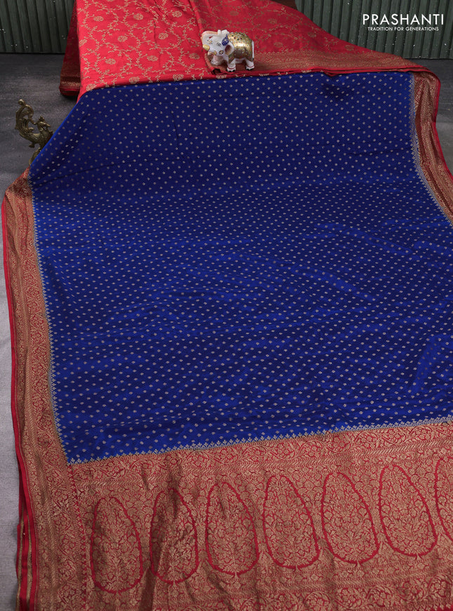 Banarasi crepe partly saree blue and red with allover thread & zari woven buttas and woven border