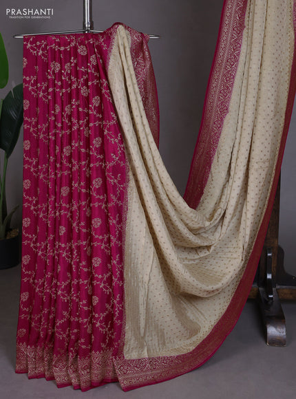 Banarasi crepe partly saree beige and pink with allover thread & zari woven buttas and woven border