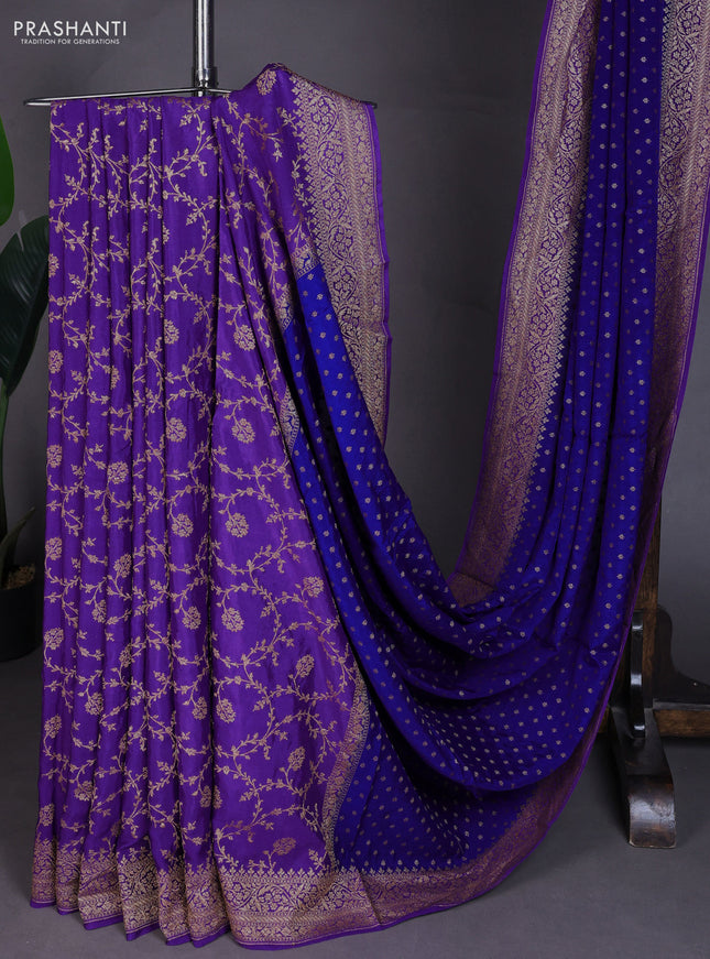 Banarasi crepe partly saree blue and violet with allover thread & zari woven buttas and woven border