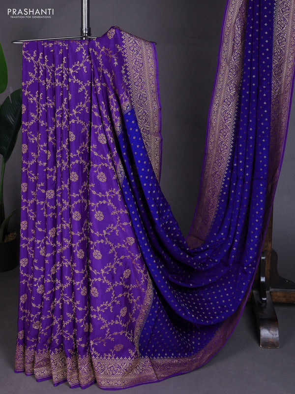 Banarasi crepe partly saree blue and violet with allover thread & zari woven buttas and woven border