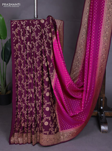 Banarasi crepe partly saree pink and wine shade with allover thread & zari woven buttas and woven border