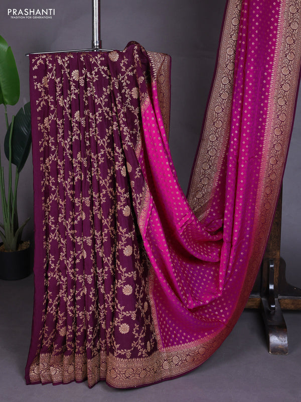 Banarasi crepe partly saree pink and wine shade with allover thread & zari woven buttas and woven border