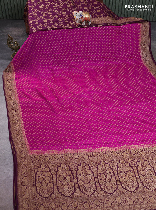 Banarasi crepe partly saree pink and wine shade with allover thread & zari woven buttas and woven border