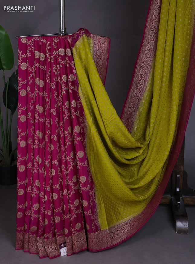 Banarasi crepe partly saree lime yellow and pink with allover thread & zari woven buttas and woven border
