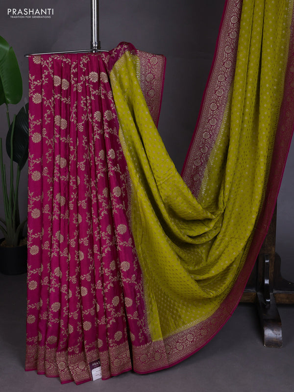 Banarasi crepe partly saree lime yellow and pink with allover thread & zari woven buttas and woven border