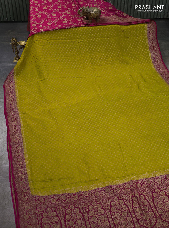 Banarasi crepe partly saree lime yellow and pink with allover thread & zari woven buttas and woven border
