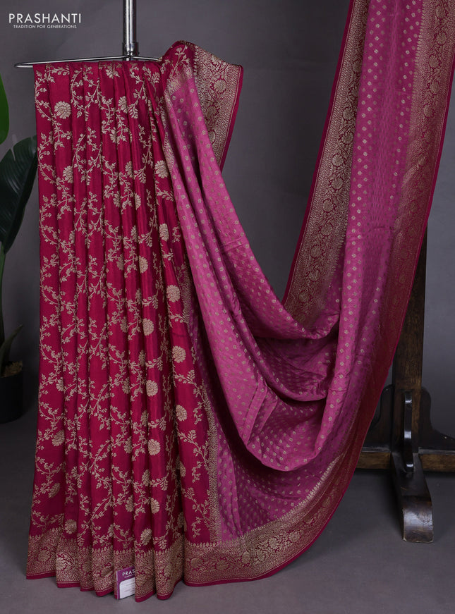 Banarasi crepe partly saree mauve pink and dark pink with allover thread & zari woven buttas and woven border