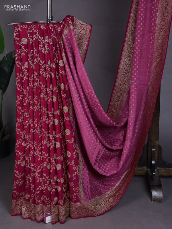 Banarasi crepe partly saree mauve pink and dark pink with allover thread & zari woven buttas and woven border