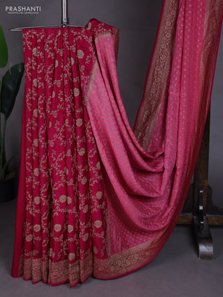 Banarasi crepe partly saree mild peach pink and dark pink with allover thread & zari woven buttas and woven border