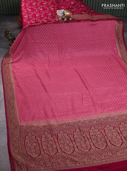 Banarasi crepe partly saree mild peach pink and dark pink with allover thread & zari woven buttas and woven border