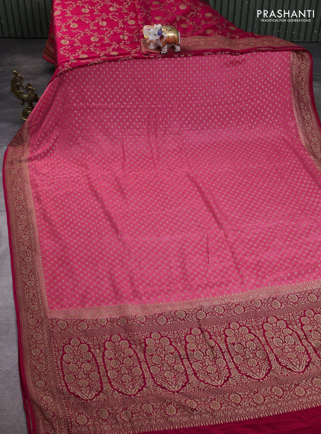 Banarasi crepe partly saree mild peach pink and dark pink with allover thread & zari woven buttas and woven border