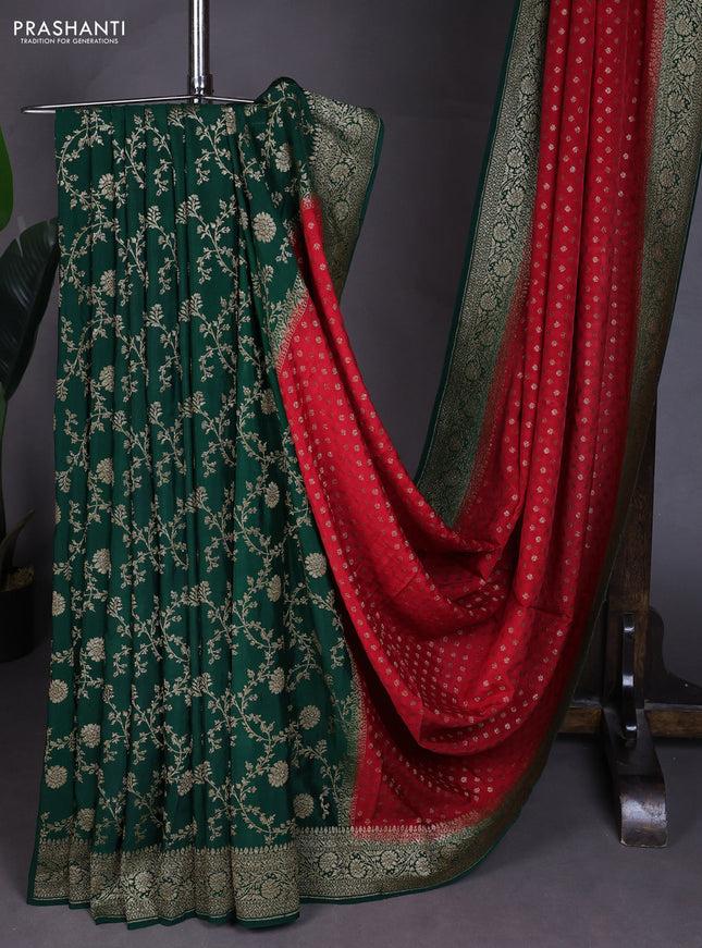Banarasi crepe partly saree red and green with allover thread & zari woven buttas and woven border