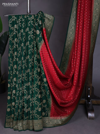 Banarasi crepe partly saree red and green with allover thread & zari woven buttas and woven border