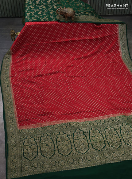 Banarasi crepe partly saree red and green with allover thread & zari woven buttas and woven border
