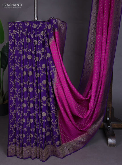 Banarasi crepe partly saree pink and purple with allover thread & zari woven buttas and woven border