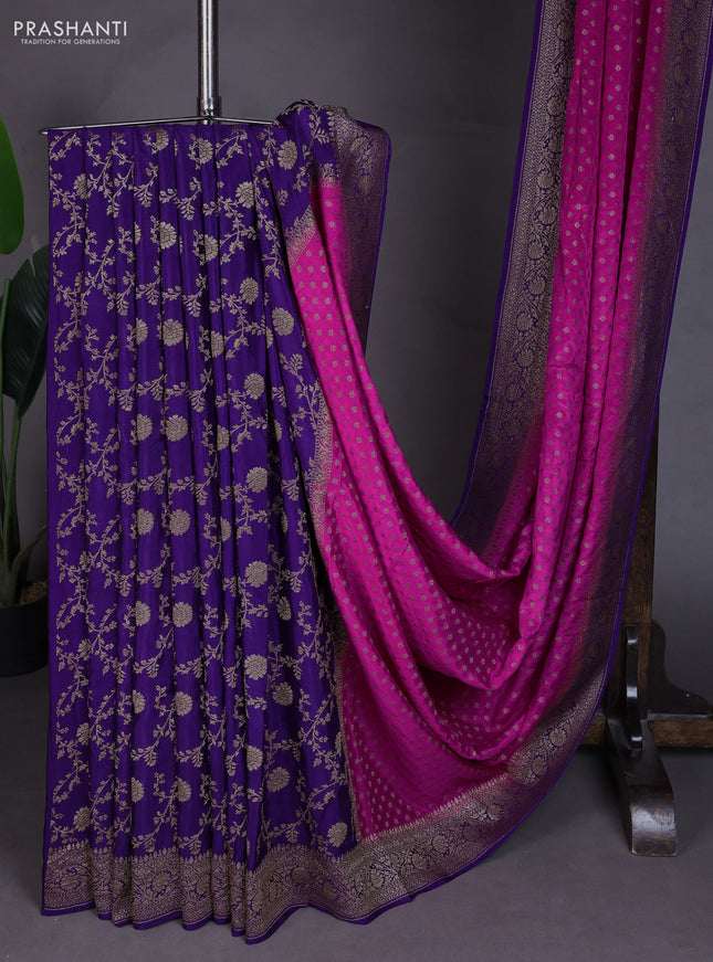 Banarasi crepe partly saree pink and purple with allover thread & zari woven buttas and woven border