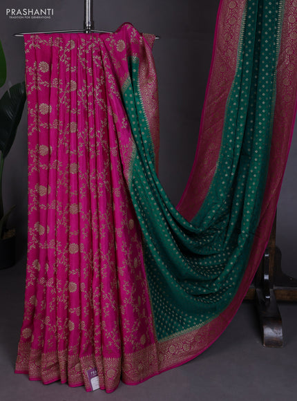 Banarasi crepe partly saree green and pink with allover thread & zari woven buttas and woven border