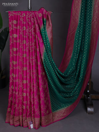 Banarasi crepe partly saree green and pink with allover thread & zari woven buttas and woven border