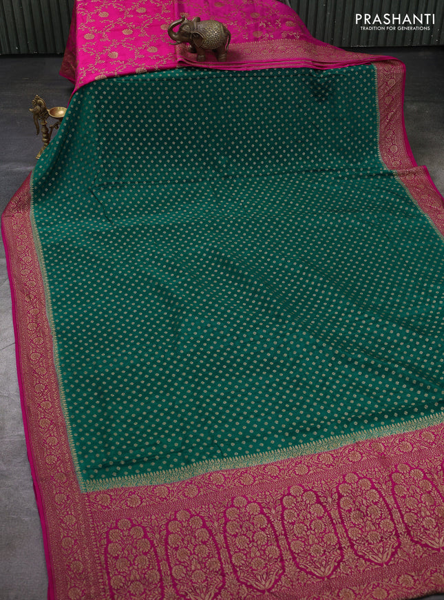 Banarasi crepe partly saree green and pink with allover thread & zari woven buttas and woven border