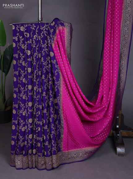 Banarasi crepe partly saree pink and violet with allover thread & zari woven buttas and woven border