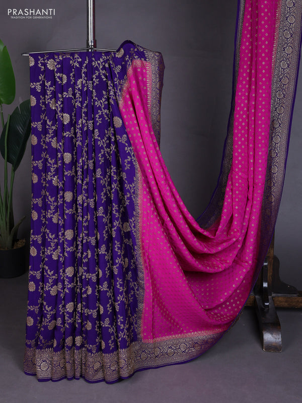 Banarasi crepe partly saree pink and violet with allover thread & zari woven buttas and woven border