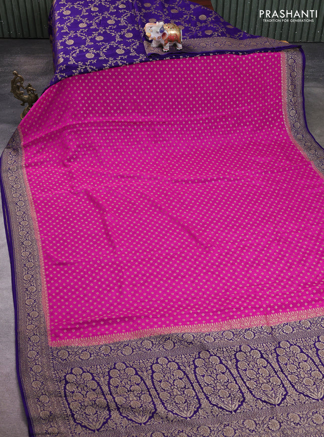 Banarasi crepe partly saree pink and violet with allover thread & zari woven buttas and woven border