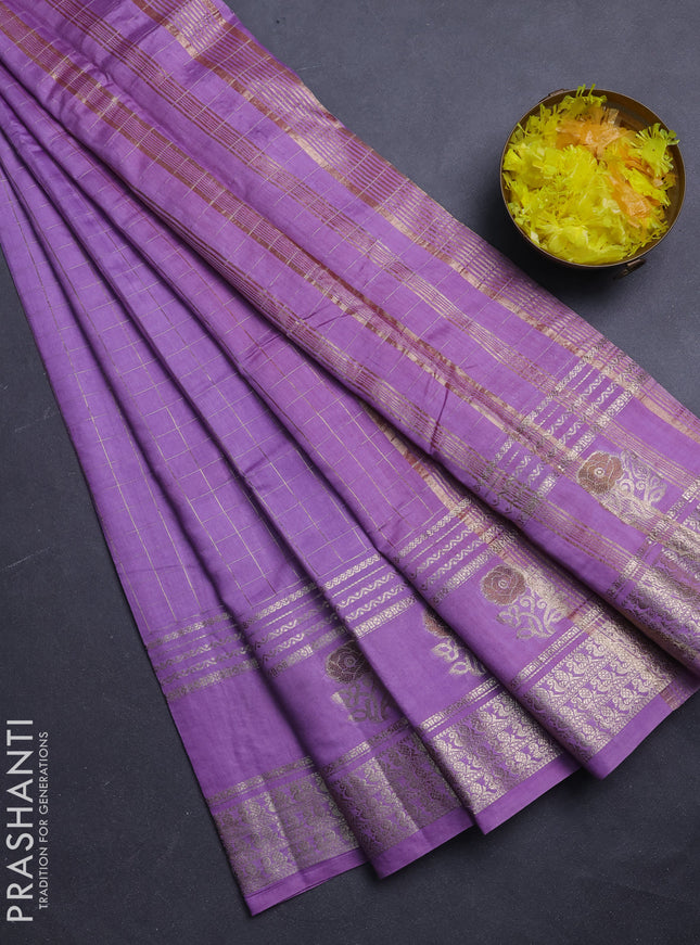 Semi chanderi saree lavender and pink with allover zari checked pattern and rettapet zari woven border