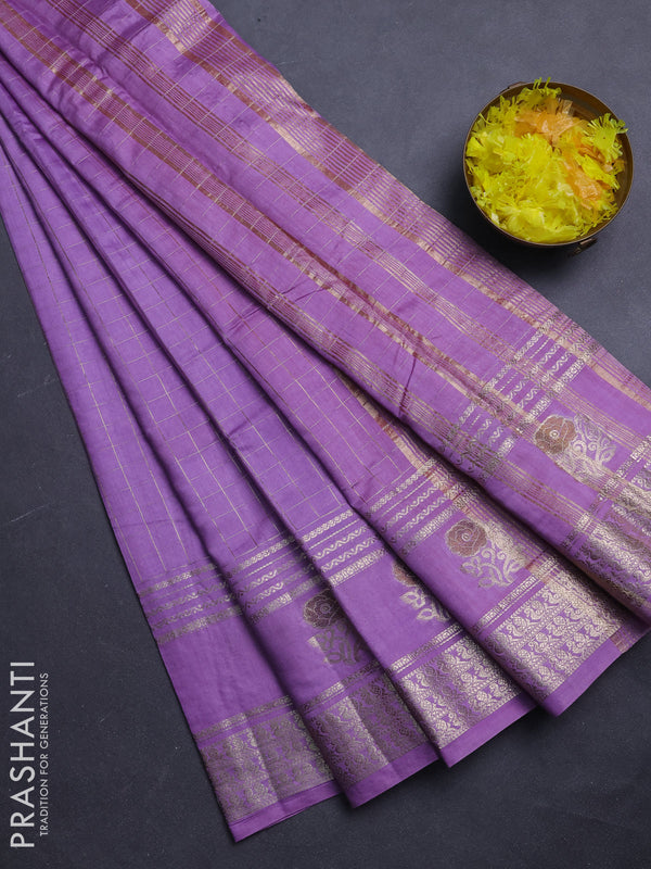 Semi chanderi saree lavender and pink with allover zari checked pattern and rettapet zari woven border