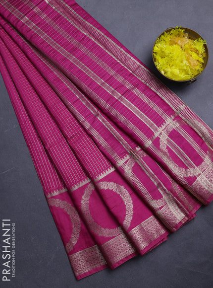 Semi chanderi saree pink and violet with allover zari checked pattern and rettapet zari woven butta border