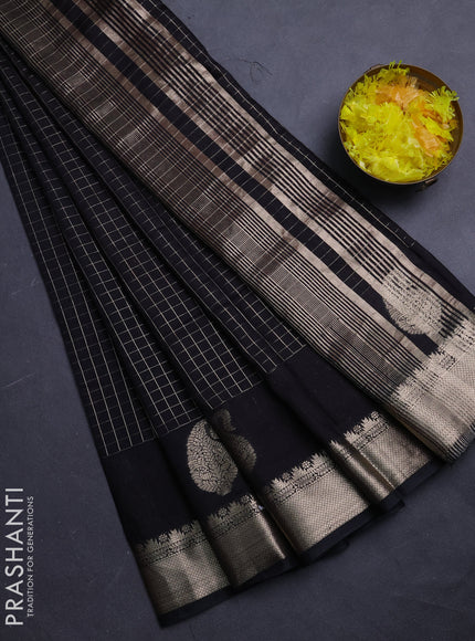 Semi chanderi saree black and maroon with allover zari checked pattern and long zari woven butta border