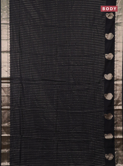 Semi chanderi saree black and maroon with allover zari checked pattern and long zari woven butta border