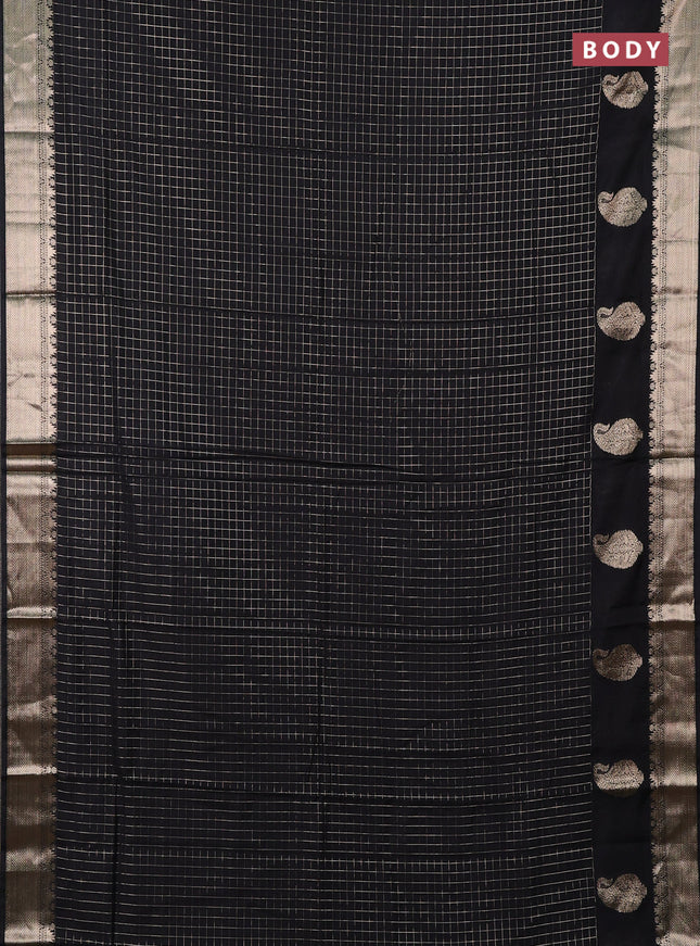 Semi chanderi saree black and maroon with allover zari checked pattern and long zari woven butta border