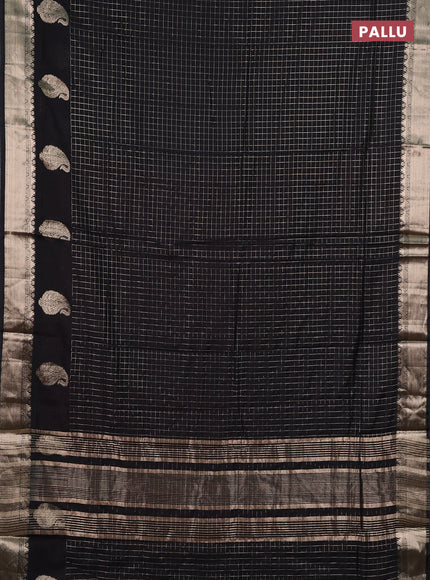 Semi chanderi saree black and maroon with allover zari checked pattern and long zari woven butta border