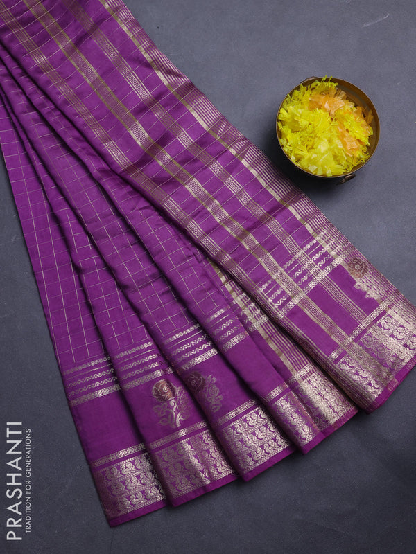 Semi chanderi saree violet and light green with allover zari checked pattern and rettapet zari woven butta border